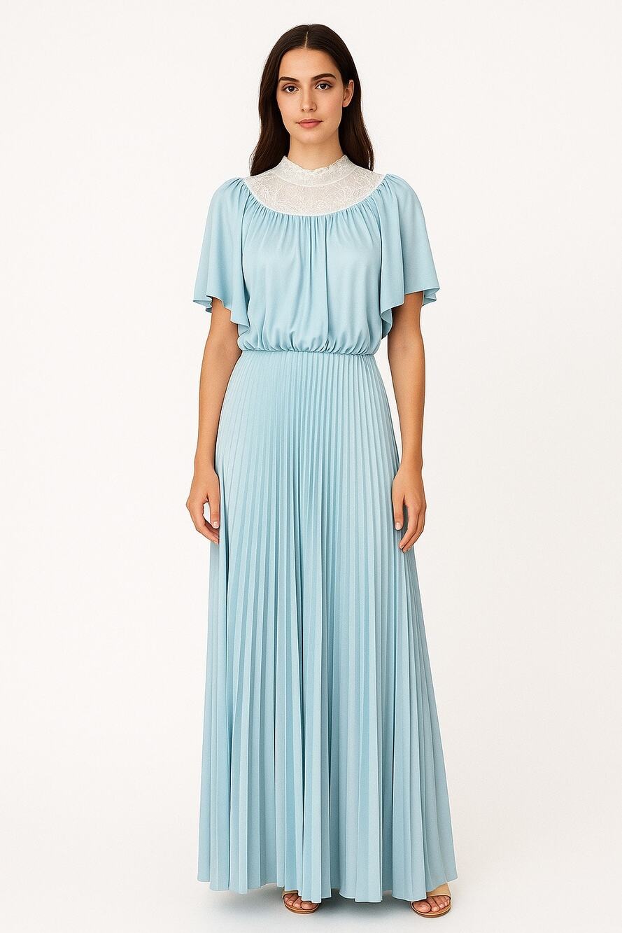 Vintage Powder Blue white Lace High Neck Flutter Sleeve Pleated Maxi Dress XS